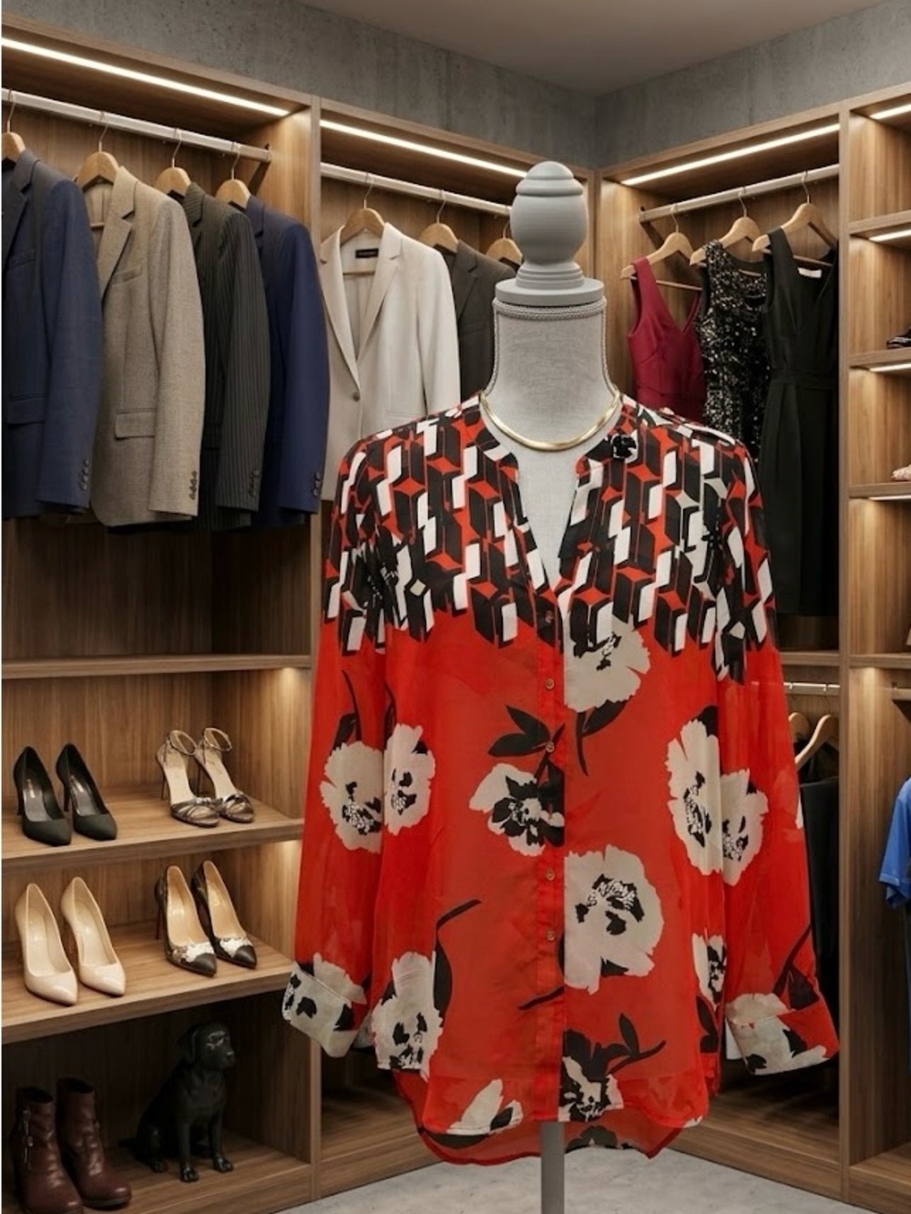 Calvin Klein Red, Black & White Geometric Blouse